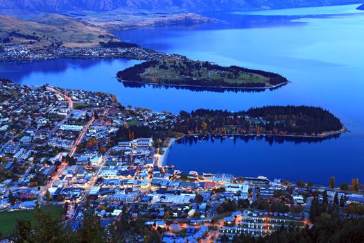aerial view of queenstown downtown at dusk