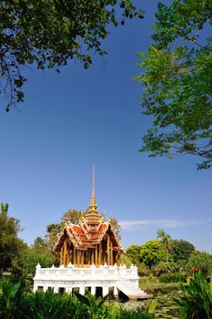 Thai pavilion in lotus pond at sunny day,Suan Luang Rama IX  Thailand.