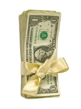 United States Currency Wrapped in a Gold Ribbon as a Gift Ones