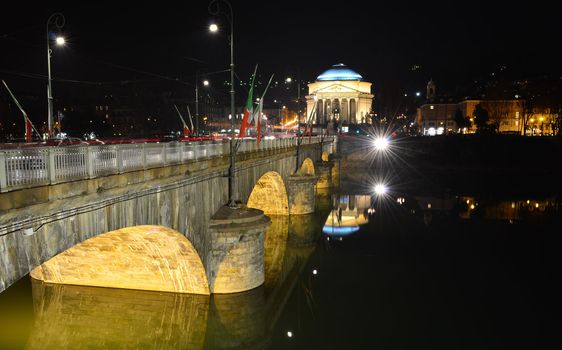 Torino, Italy. Bridge on river Po and Gran Madre di Dio church at night