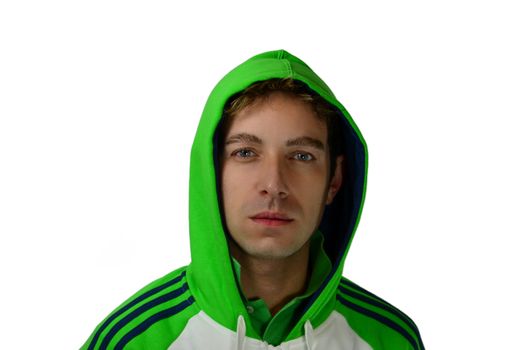 Good looking young man in green sweatshirt and hoodie