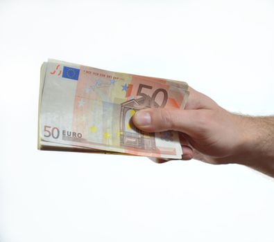 Hand giving, handing over or donating stack of 50 euro bills