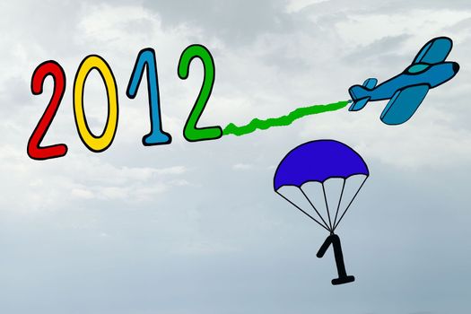 2012 new year, banner, airplane and parachute