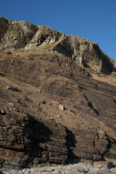 A sea cliff with a disused slate quarry at  the top and bands of shale and mudstone coming down to a rock strewn beach.