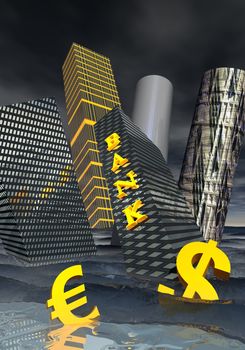 Bank building and financial skyscrapers next to dollar and euro currency drowning in the ocean to symbolize financial crisis
