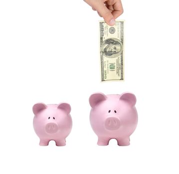 hand putting dollar bills into a pink piggy bank