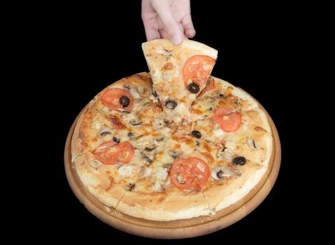 Tasty pizza and hand on black background