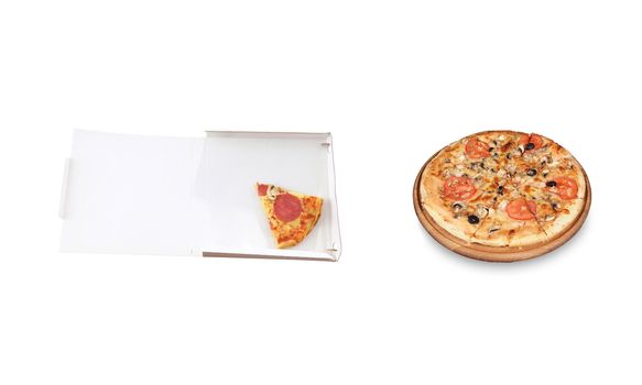 slice pizza in a takeaway box and big pizza on plate