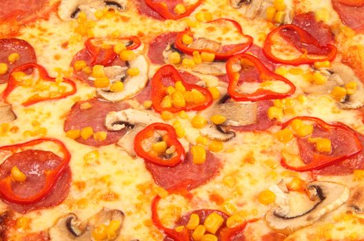 A Pepperoni pizza with corn background
