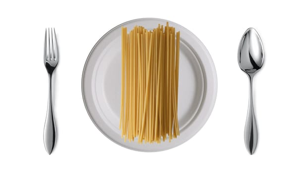 plate with raw spaghetti on white background