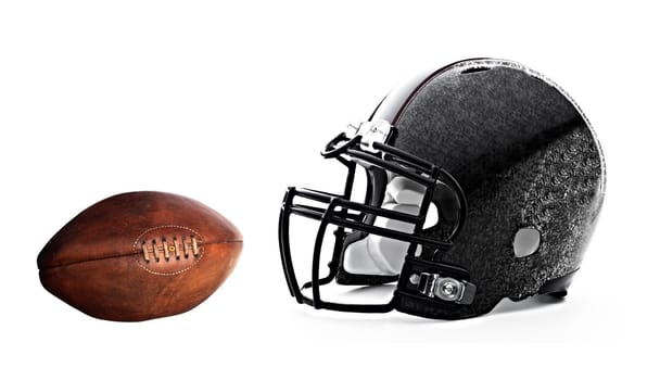 football helmet and leather football