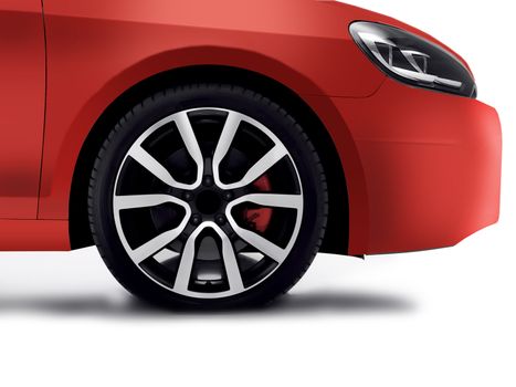 Cherry red car front detail with big light-alloy wheel