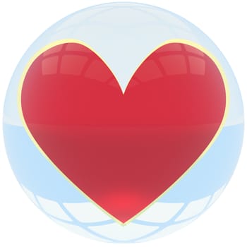 red-gold heart symbol in blue crystal ball. 3d render.