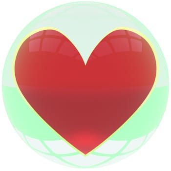 red-gold heart symbol in green crystal ball. 3d render.