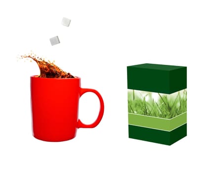 Hot cup of tea and sugar cubes and tea box
