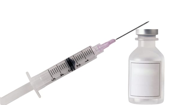 Syringe and glass bottle isolated on white