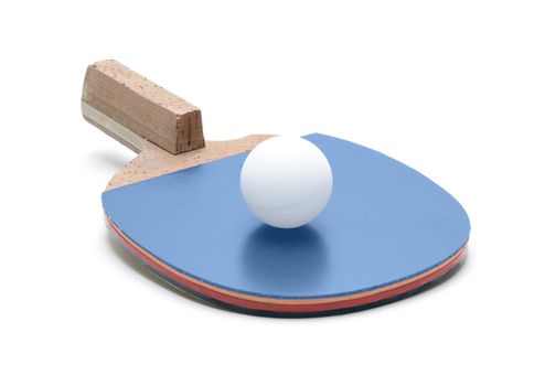 Table tennis racket and ball isolated on white background