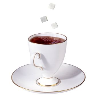 Cup of tea and falling sugar cubes