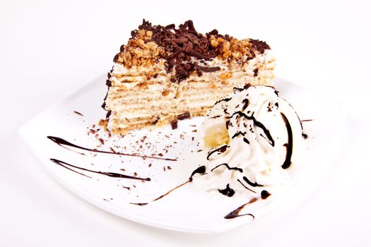 Chocolate brownie with vanilla ice-cream and chocolate sauce