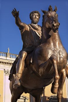 Emperor Marcus Aurelius Bronze Equestrian Statue Capitoline Hill Against Blue Sky Details Front of the Museum Rome Italy