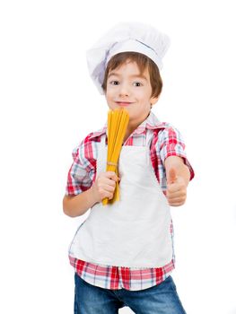 little boy with raw spaghetti with thumbs up