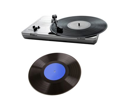 Retro portable turntable isolated and vinyl