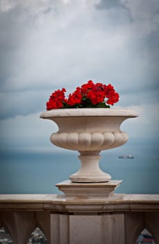 Ceramic vase with flowers on a background of the sea.