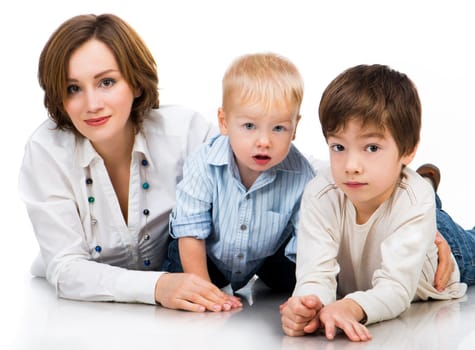 happy mother with sons on a white background