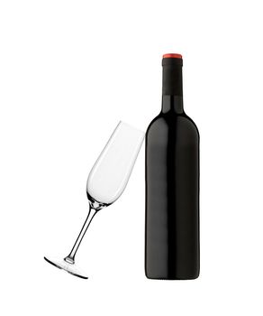 Bottle wine with empty glass isolated