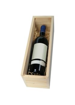 Red wine bottle in wooden box with soft shadow