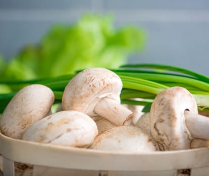 field mushrooms with green onions