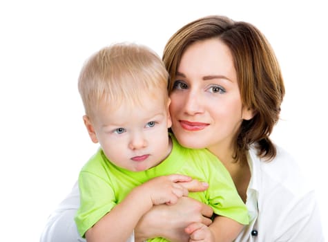 picture of happy mother with son over white