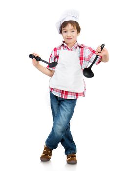 Funny boy with black spoons isolated on white background