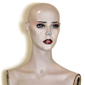 Weathered plastic mannequin doll head on white background.