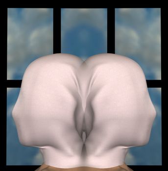 Identical female figures with heads draped with cloth. 3d illustration.