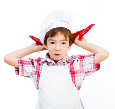 smiling boy with red peppers like ears