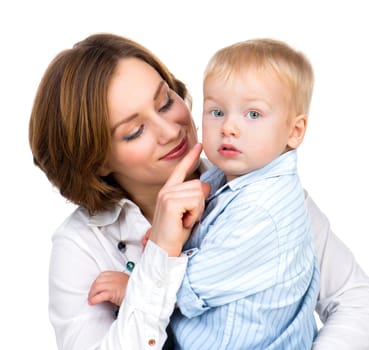 picture of happy mother with baby over white