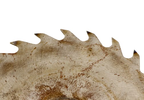 retro rusty circular saw disk teeth part closeup isolated on white bakcgound