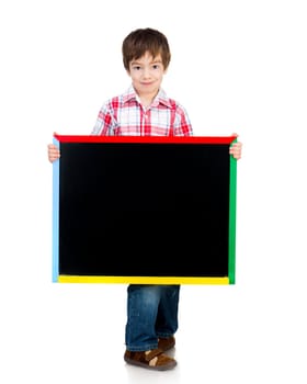 boy holding a blackboard over white background