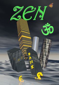 Zen and aum upon bank building and financial skyscrapers next to dollar and euro currency drowning in the ocean to symbolize financial crisis