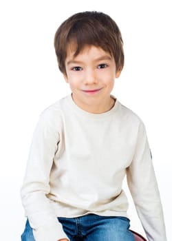 Portrait of adorable little boy, isolated on white background