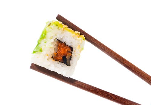 Sushi in chopsticks isolated on a white background