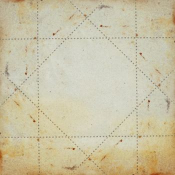 Old yellow paper grunge background. Dotted lines square frame illustration.