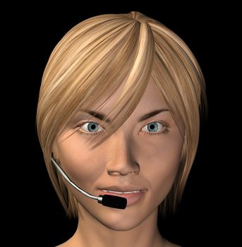 Smiling female operator with headset isolated on black background. 3d illustration.