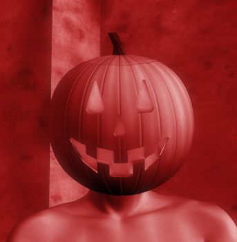 Human figure with halloween pumpkin head. 3d illustration.