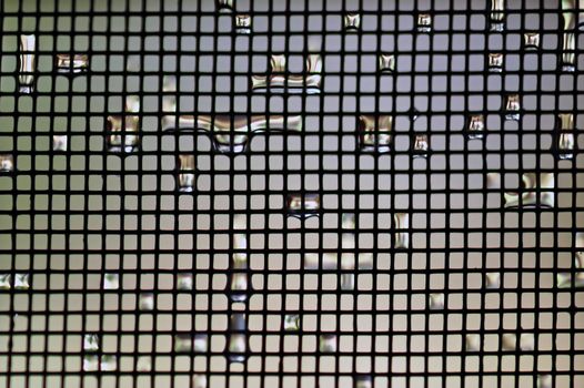 Raindrops background on wire mesh netting. Selective focus macro.