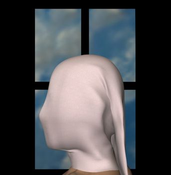 Female figure draped with white cloth and blue sky window frame. 3d illustration.