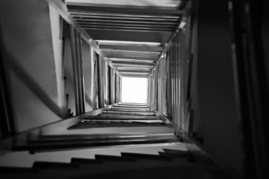 Staircase spiral perspective architecture background. Black and white.