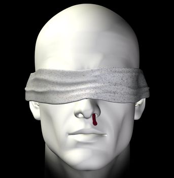 Blindfolded tortured man with bleeding nose. 3d illustration.
