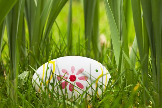 Painted Easter egg hidden in the grass and bulbs.